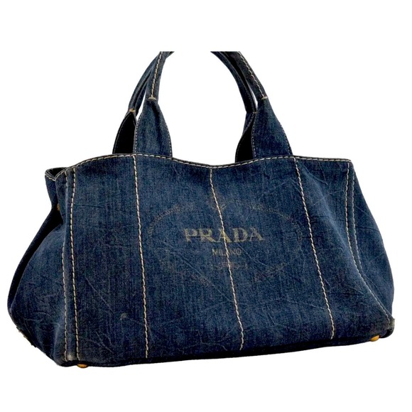 Authentic PRADA Canapa Large Canvas Tote Hand Bag Denim Blue - Picture 13 of 13